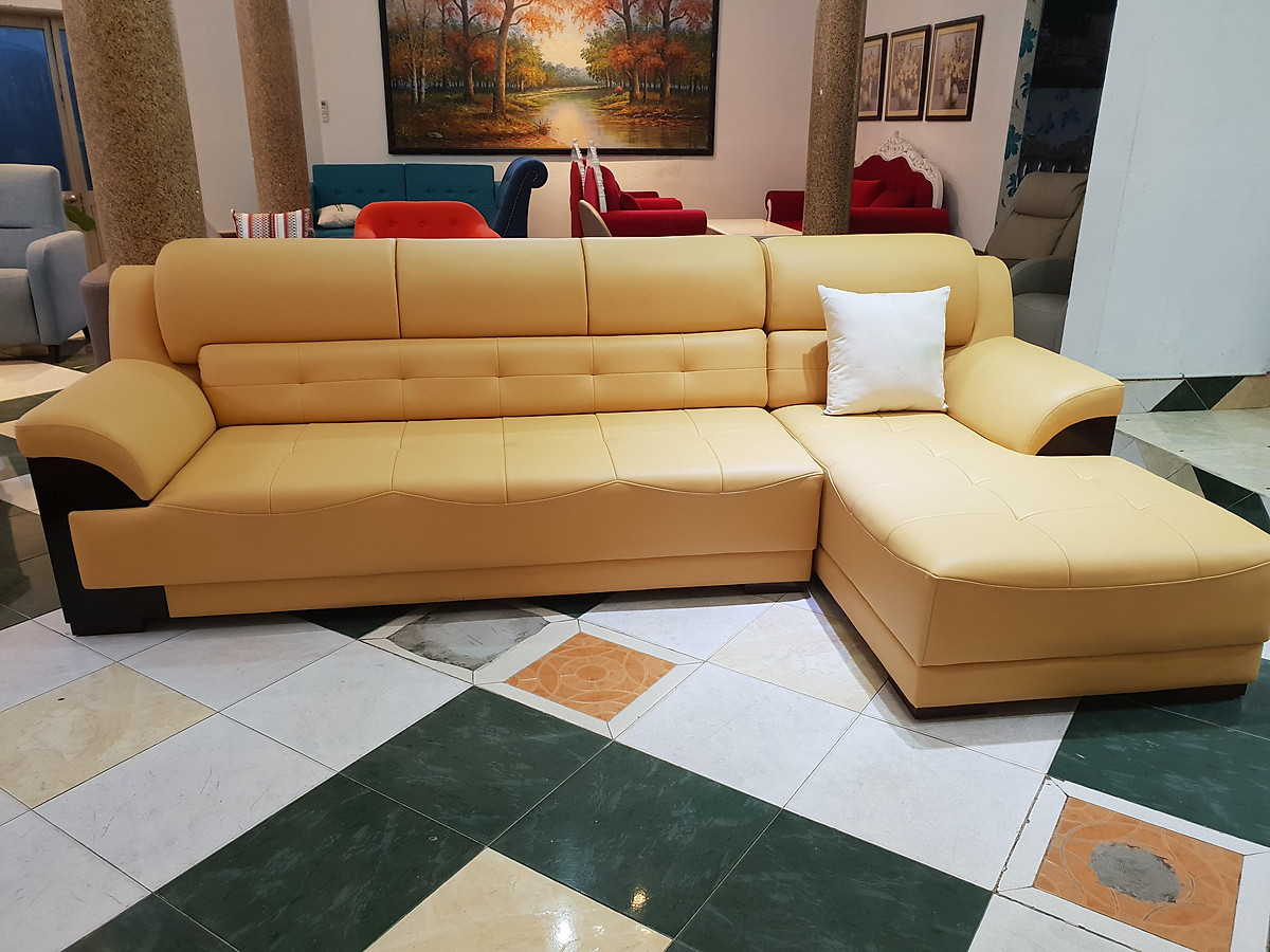 Sofa da góc L Tundo 2m7 x 1m6 màu kem đậm nệm rút