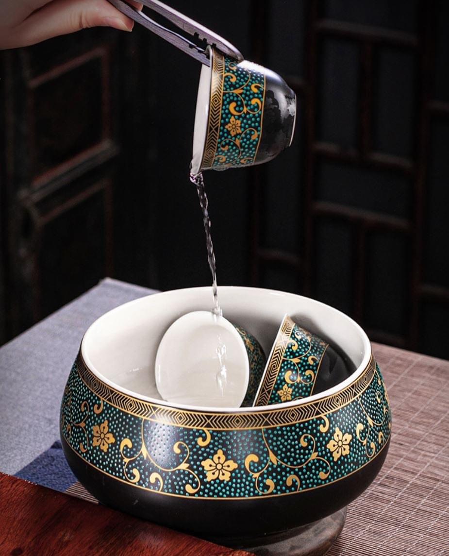 Bộ ấm chén pha trà đạo phong cách Nhật họa tiết hoa thổ cẩm - vd178