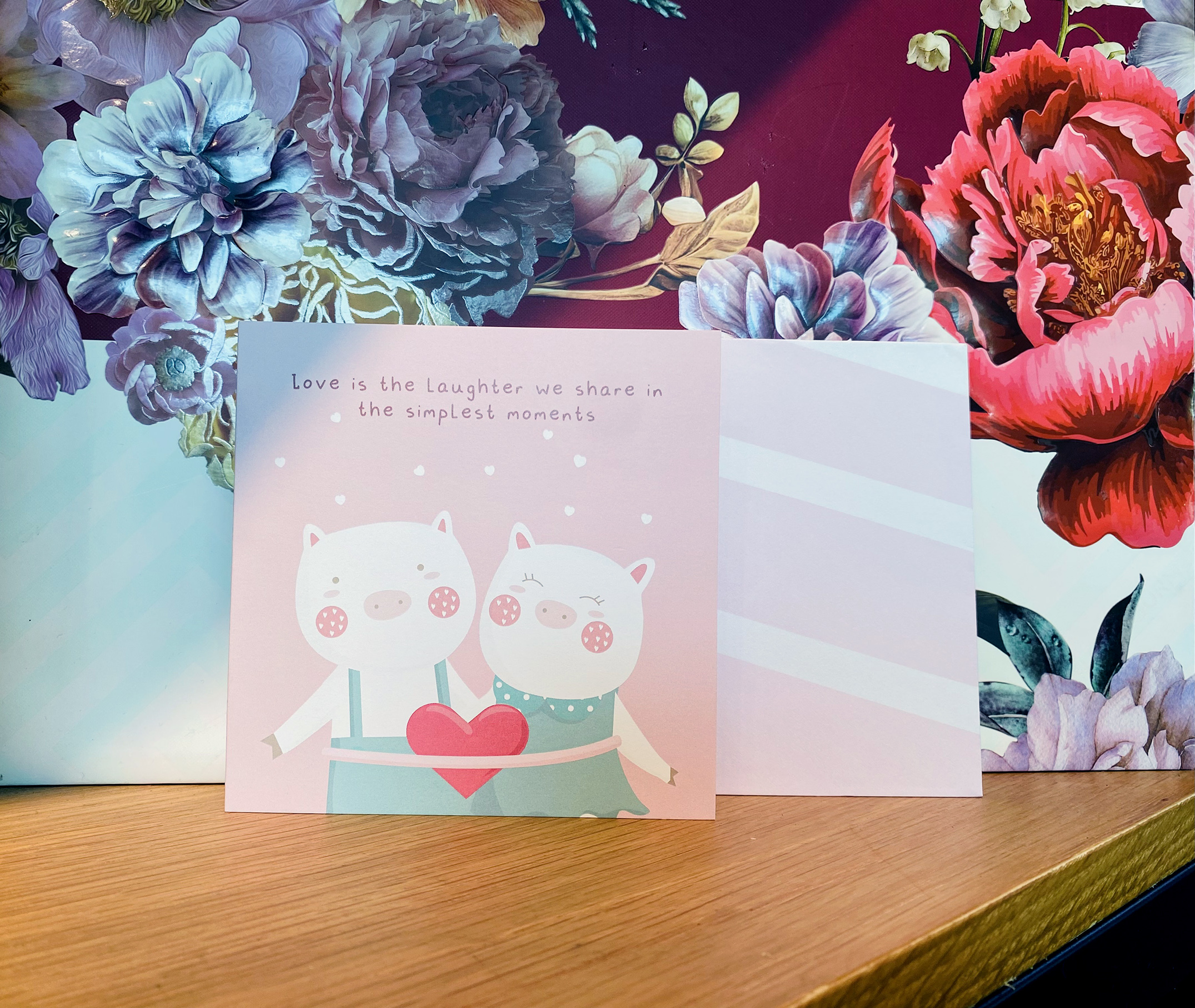 Thiệp tình yêu, Valentine, tỏ tình, SDstationery Simplest Moments, hình đôi heo dễ thương, màu hồng, vuông 12x12 cm