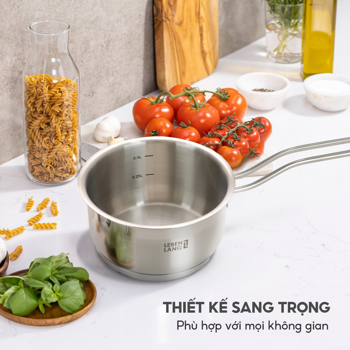 Quánh inox 304 vung kính đáy 3 lớp Lebenlang LBL2530, LBL2531, LBL2532, size 12,14,16, dùng các loại bếp - hàng chính hãng
