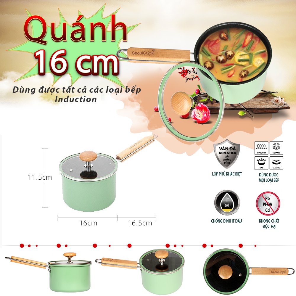 Bộ nồi chảo 2 món SL2, quánh 16cm + nồi 20cm + chảo vuông 15x20cm đáy từ/ Induction Seoulcook Hàn Quốc, dùng được tất cả các loại bếp – Hàng chính hãng