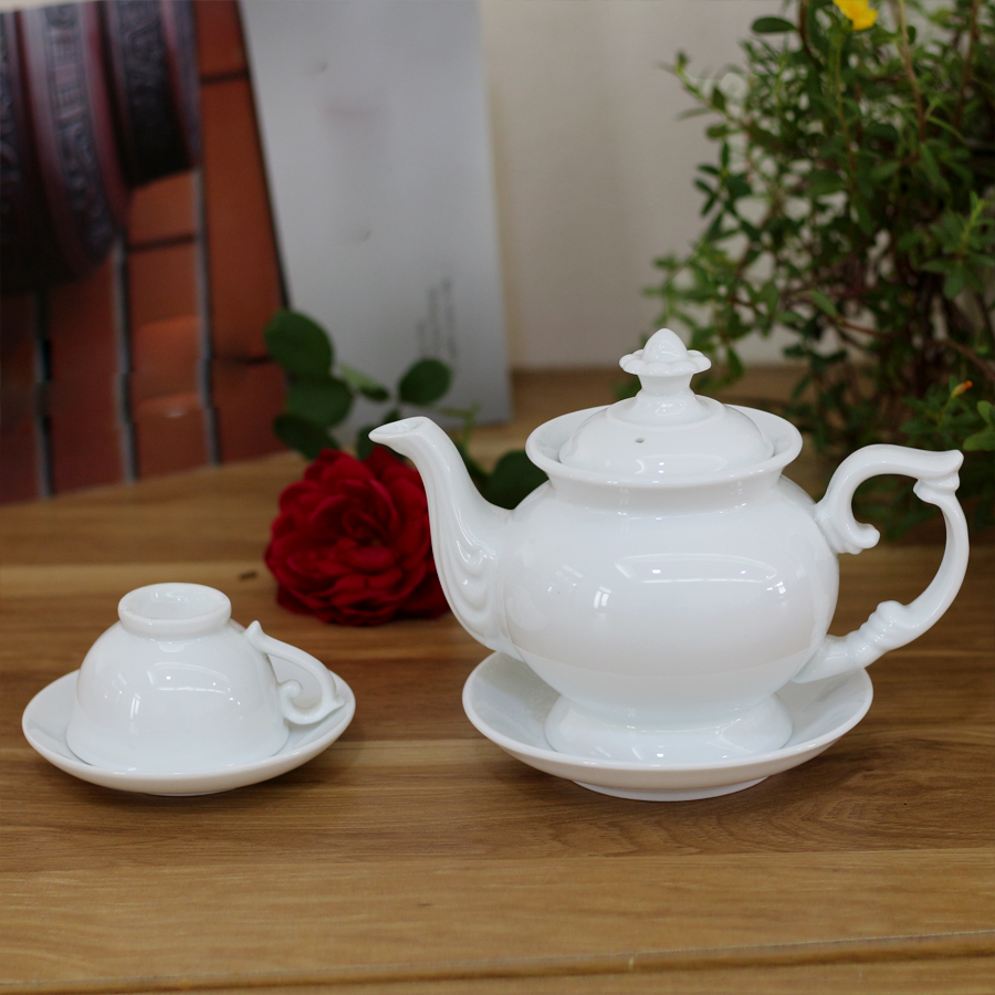 Bộ ấm chén men trắng Cát Tường - bộ bình trà, bình uống trà cao cấp