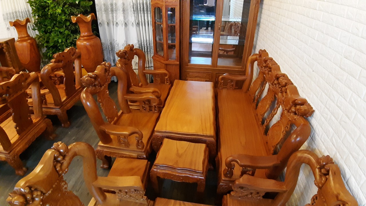 Bộ sofa phòng khách 6 món, gỗ gõ tự nhiên, tay 12