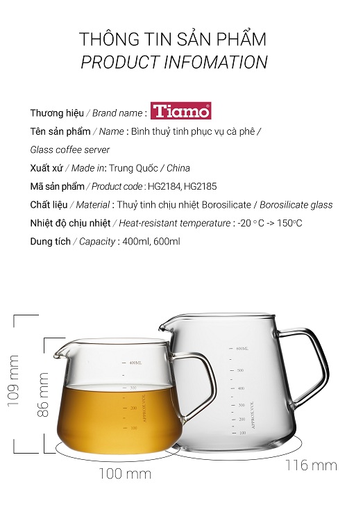 Bình pha cà phê thủy tinh chịu nhiệt Tiamo không nắp