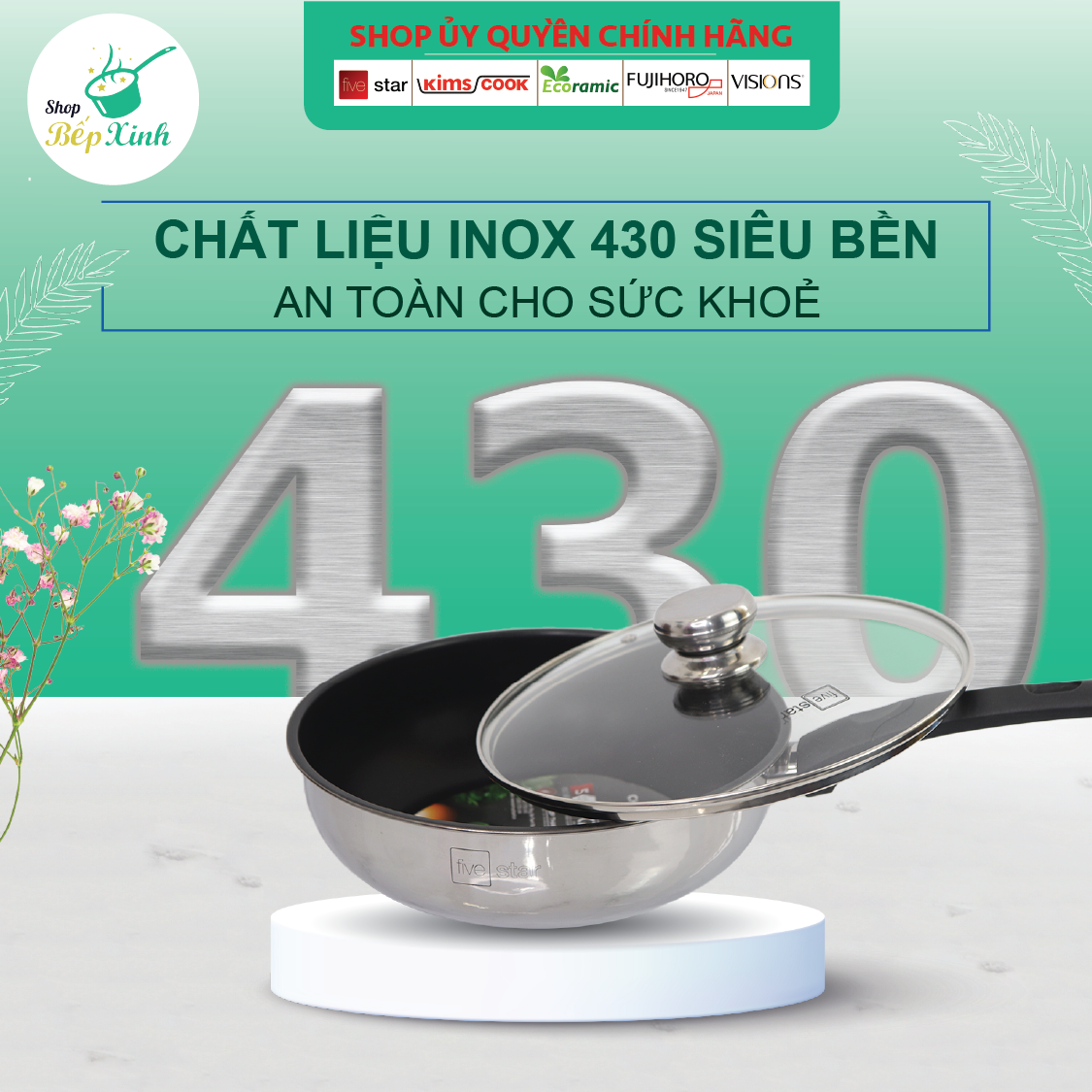 Chảo inox chống dính sâu lòng có nắp kính cao cấp Fivestar 24cm , 26cm , tặng 1 sạn dừa , tay cầm cách nhiệt
