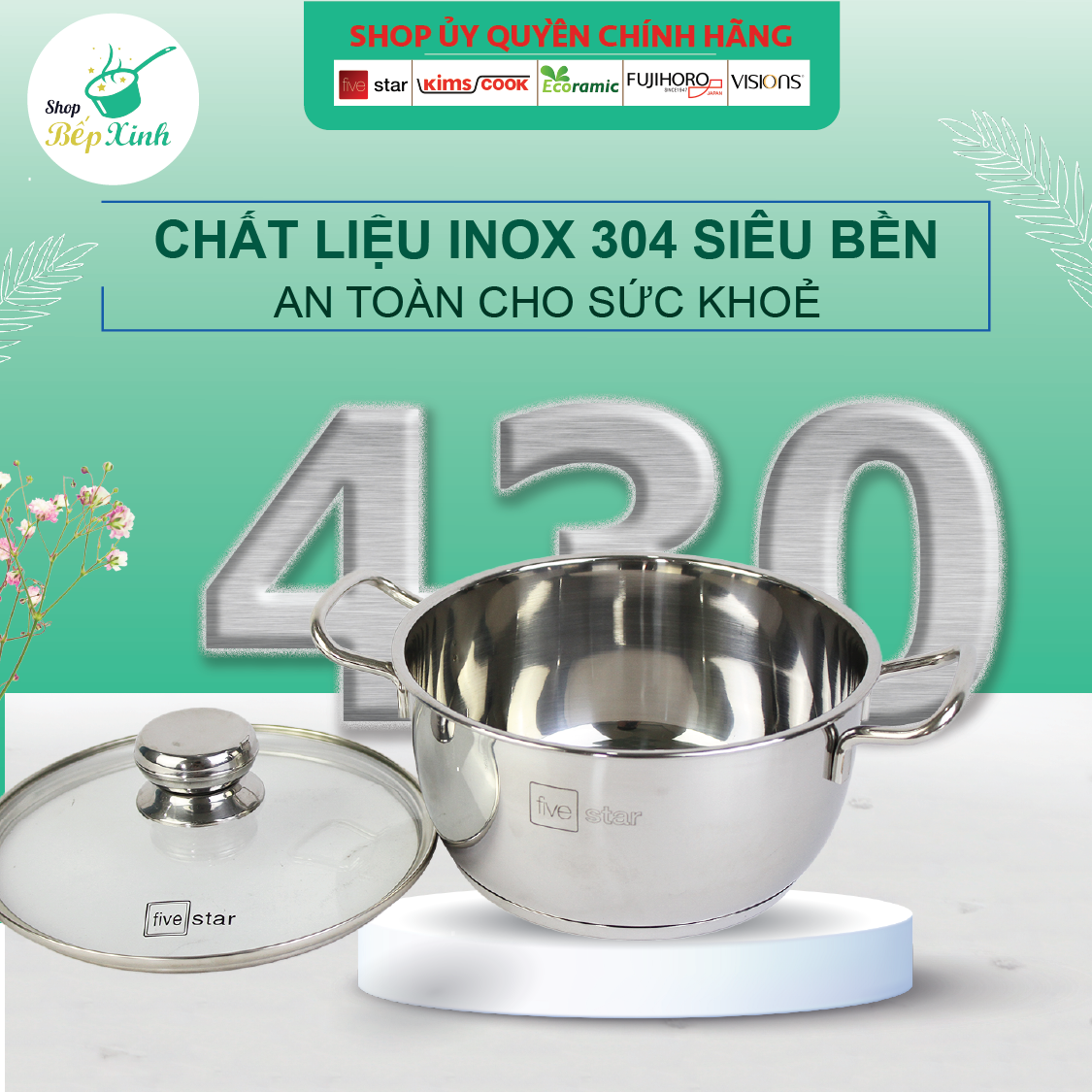 Bộ Nồi Inox 3 Đáy Từ Fivestar Standard FSB50002 5 chiếc nắp kính ( tặng 2 vá canh )