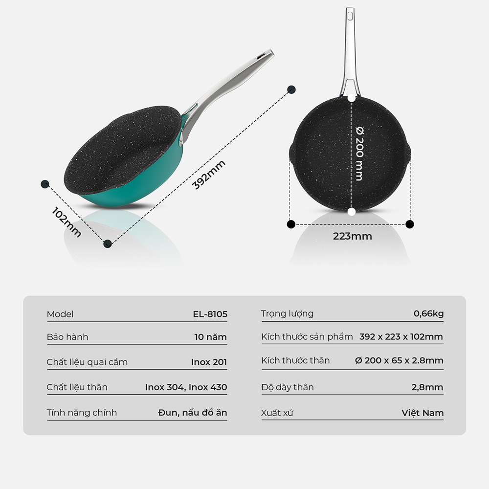 Chảo Xào Rán Chống Dính Inox 304 Liền Đáy Elmich Hera 8105 20cm/8106 24cm/8107 26cm/8108 28cm