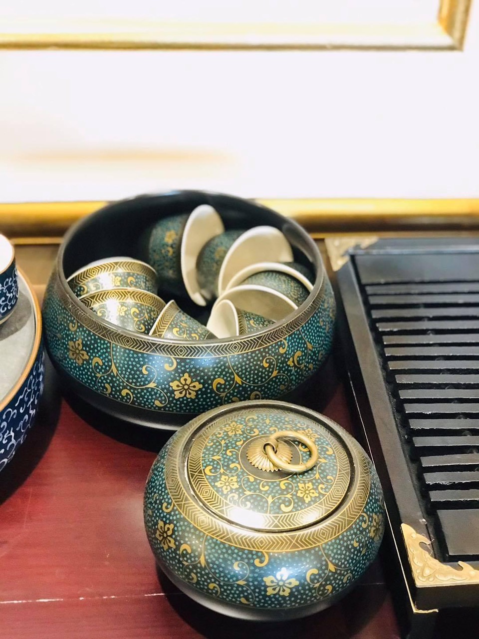 Bộ ấm chén pha trà đạo phong cách Nhật họa tiết hoa thổ cẩm - vd178