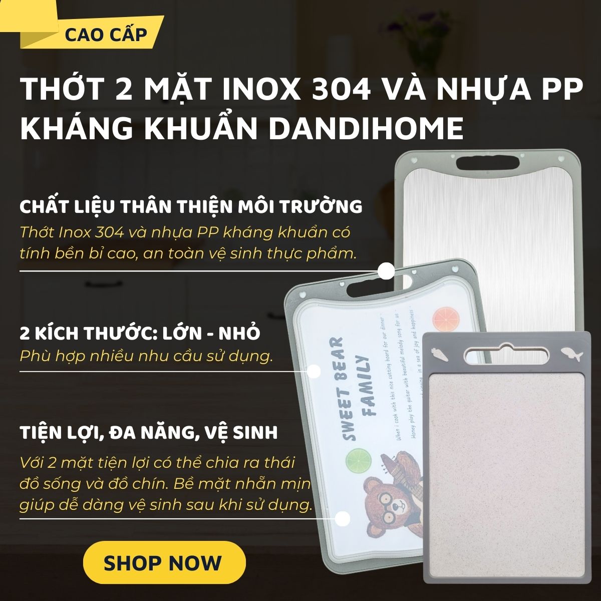 Thớt inox 304 và nhựa kháng khuẩn DandiHome cao cấp hai mặt