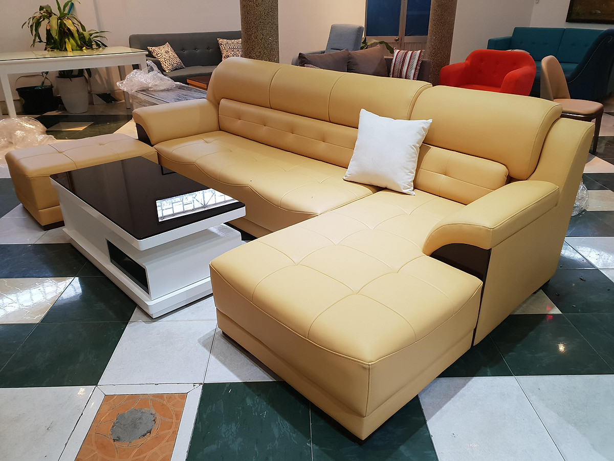 Sofa da góc L Tundo 2m7 x 1m6 màu kem đậm nệm rút