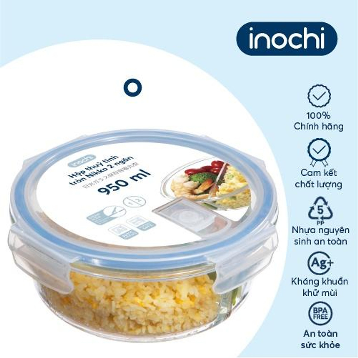 Hộp Cơm Thủy Tinh 2/3 ngăn, Hộp Thủy Tinh Đựng Thức Ăn NIKKO Tiêu Chuẩn Nhật Bản - Chính hãng inochi (Tặng kèm khăn lau tay đa năng pakasa)