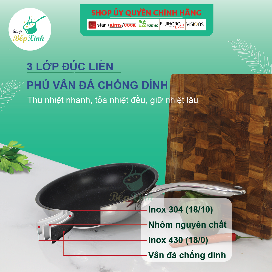 Chảo Chống Dính 3 Lớp Vân Đá Inox 304 Fivestar (22cm)