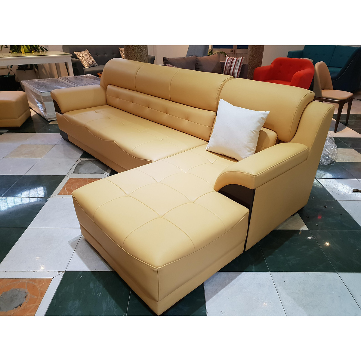 Sofa da góc L Tundo 2m7 x 1m6 màu kem đậm nệm rút