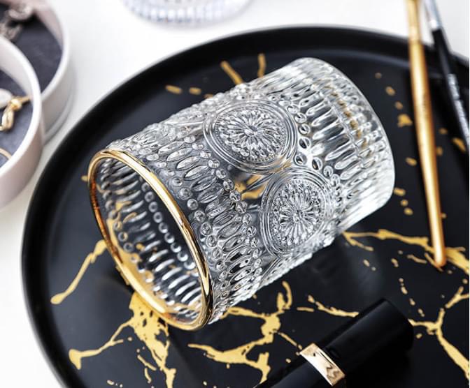 BỘ 6 CỐC THỦY TINH UỐNG NƯỚC VIỀN VÀNG HOA VĂN TRÒN NỔI - ANTH481