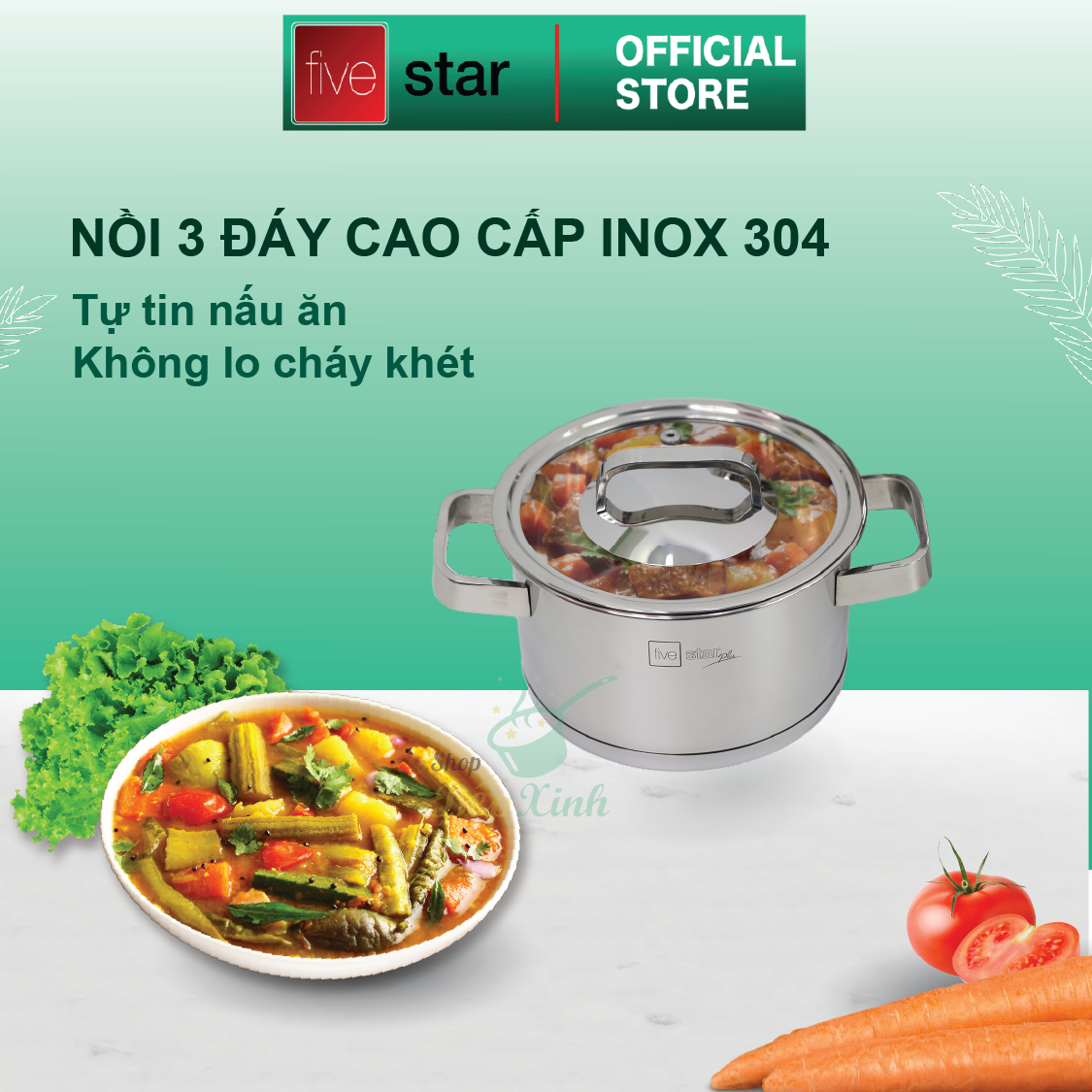 Combo Bộ nồi inox 304 và xửng hấp cao cấp Fivestar Plus 5 món nắp kính ( 1nồi 16cm x1nồi 18cm x1nồi 20cm x1nồi 24cm x 1thân xửng 24cm) , tặng 1 vá canh