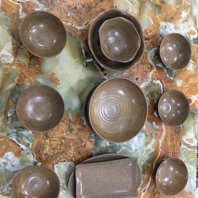 Bộ 12 Sản Phẩm Nâu Trong Ngoài Đen Cao Cấp Gốm Sứ Bát Tràng