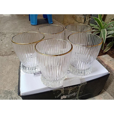 Bộ 6 ly thủy tinh chịu nhiệt cao cấp dùng uống nước vân sọc viền vàng miệng loe