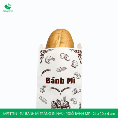 MFT1T5N - 24x10x4 cm - 200 Túi bánh mì Trắng, in sẵn họa tiết GIỎ BÁNH MÌ - Bao bánh mì Túi giấy thực phẩm an toàn