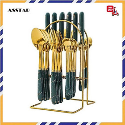 Bộ Dao Muỗng Nĩa Kèm Giá Đựng 24 Món Mạ Vàng Chống Gỉ Cao Cấp Dao Thìa Dĩa Có Vân Đá Cẩm Thạch Tặng Kèm Khay Treo - Hàng Chính Hãng [Được đồng kiểm]