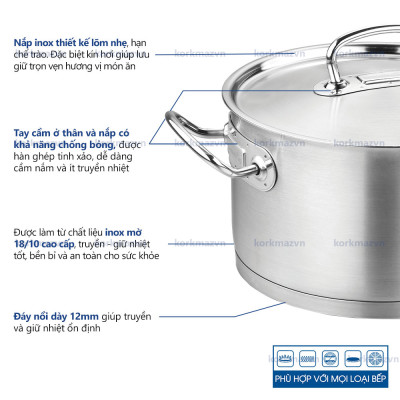 Nồi inox 18/10 thân thấp Korkmaz Proline 3.1 lít - 24x7 cm