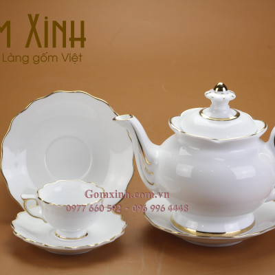 Bộ ấm chén Bát Tràng_Bộ trà Phú Quý vàng kim miệng lượn