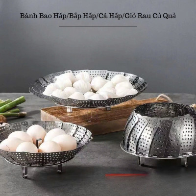 Khay hấp Xửng hấp Vỉ hấp inox kiêm khay đựng trái cây xòe có 3 chân gấp gọn tiện lợi
