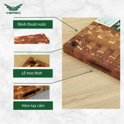 Thớt gỗ Teak Vibasic ghép dựng block, kích thước 300x200x25mm có lỗ treo - Hàng chính hãng Bộ Quốc Phòng