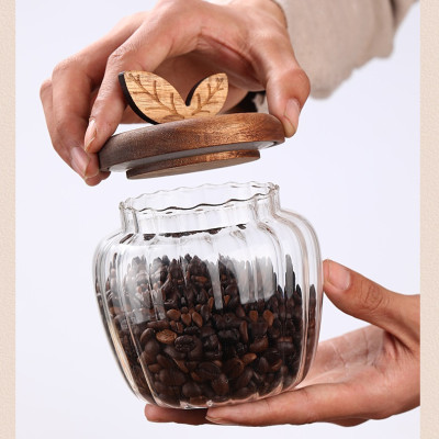 Hủ thủy tinh nắp gỗ dáng trái táo đựng trà, cà phê, các hạt và thực phẩm khô