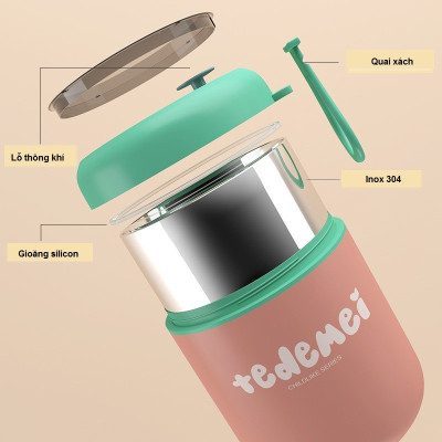 Bình Ủ Cháo Inox 304 Giữ Nhiệt Tedemei Có Thìa Và Quai Dung Tích 530ml