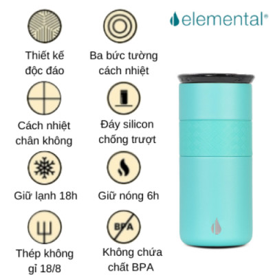 [Elemental chính hãng - Thương hiệu Mỹ] Ly giữ nhiệt Elemental Artisan 480ml nắp sứ, inox 304, giữ nhiệt vượt trội, an toàn sức khỏe