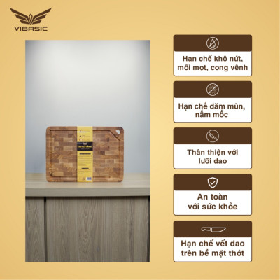 Thớt gỗ tần bì cao cấp chính hãng tiêu chuẩn quốc tế vibasic 35x25x2.7cm cắt thái đa năng, có móc treo