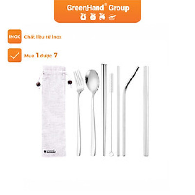 Trọn bộ 6 dụng cụ ăn uống bằng Inox cao cấp GreenHand kèm cọ rửa và túi đựng