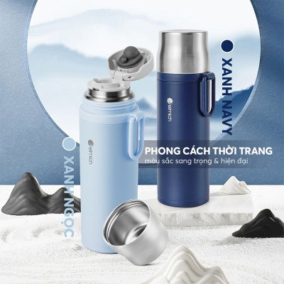 Bình giữ nhiệt inox 304 Elmich EL8328 480ml, Hàng chính hãng, nắp tích hợp làm cốc uống, đế silicone chống trượt - JoyMall