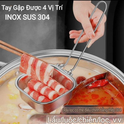  RÂY LỌC CHAO VỚT VỢT CHUYÊN DỤNG LẨU INOX SUS 304 - THÉP KHÔNG GỈ, TAY CẦM CÓ THỂ GẬP LẠI, 4 VỊ TRÍ KHÁC NHAU - CÓ CẠNH TREO XOONG NỒI TIỆN DỤNG 