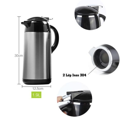 Phích giữ nhiệt 24h - Inox304 hàng nhập khẩu (Cam kết giữ nhiệt 24h) - Dung tích 1,9L | Bình thuỷ Inox