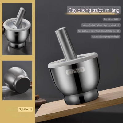 Bộ chày cối chống trượt có nắp đậy chống tràn loại lớn chất liệu bằng inox 304