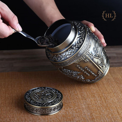 Lọ đựng chè hoa văn cổ 4 mùa | Lọ chè hợp kim đồng size To | LỌ ĐỰNG TRÀ SIZE TO | LỌ TRÀ TỨ QUÝ