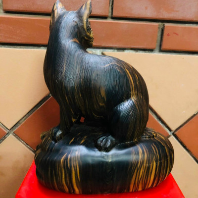 Tượng con mèo điêu khắc bằng gỗ mun kt 30×26×17cm