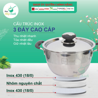Nồi inox Fivestar Standard 3 đáy Thân Cool quai silicon chống nóng nắp inox (16cm / 20cm / 24cm / 26cm )