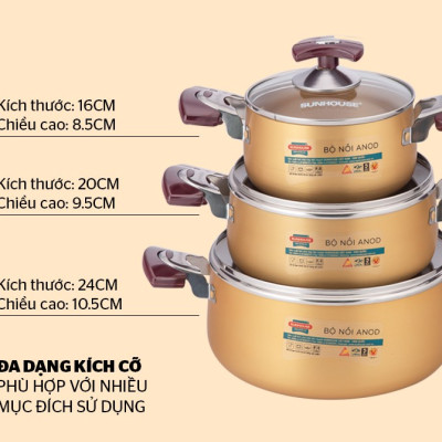 Bộ 3 Nồi Anod Sunhouse SH6634N - Hàng Chính Hãng