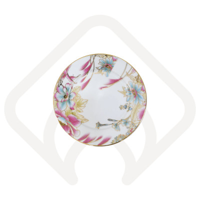 Đĩa bằng sứ Long Phương họa tiết bông lau hồng mạ viền vàng