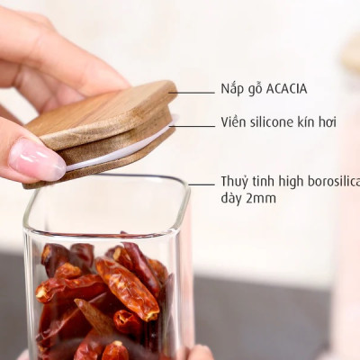 Bộ 4 lọ gia vị thuỷ tinh borosilicate ACA 420ml, nắp gỗ