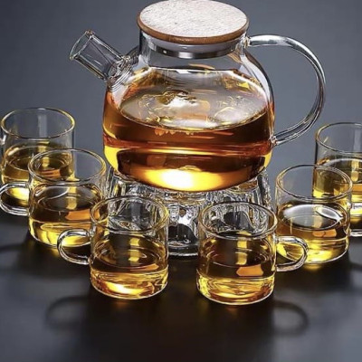 Bộ bình trà thủy tinh nắp gỗ  6 cốc kèm khay tre - ANTH591