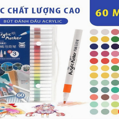 Bút lông tô màu Crylic Marker 60 màu cao cấp vẽ trên nhiều chất liệu, không thấm nước, chống nhòe dành cho học sinh - Hàng chính hãng 