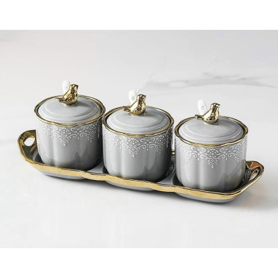 BỘ 3 HŨ ĐỰNG GIA VỊ SỨ HOA VĂN SẦN NỔI SANG TRỌNG