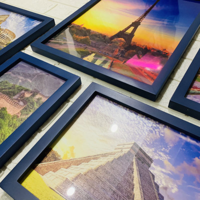 Bộ khung ảnh gỗ thông xanh Navy kì quan thế giới 9 BINBIN KAT143/Tặng đinh 3 chân