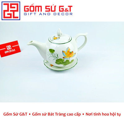 Bộ trà chóp lửa men kem vẽ sen vàng Gốm Sứ G&T