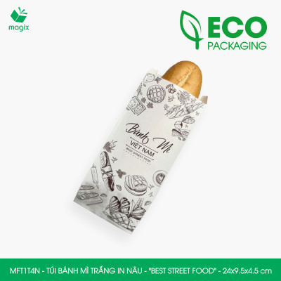 MFT1T4N - 24x9.5x4.5 cm - 200 Túi bánh mì Trắng, in sẵn họa tiết BEST STREET FOOD - Bao bánh mì Túi giấy thực phẩm an toàn