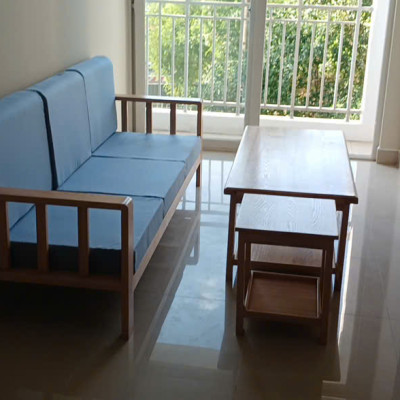 Bộ sofa băng gỗ Tundo kèm nệm, bàn và 1 ghế đôn hiện đại, giá rẻ, tiện lợi