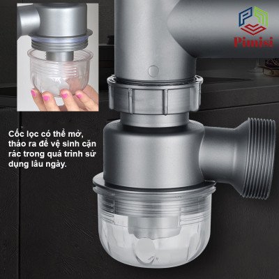 Xi Phông Chậu Rửa Chén Bát 2 Hốc Phi 110 Pimisi Cao Cấp Đầu Bầu Inox 304 - Dùng Để Xả Thải Nước Chậu Rửa Bát Đôi Dập Đúc Loại Ống Thải Nước To Bằng Nhựa Chun Uốn, Bầu Chống Mùi Hôi Và Giảm Dầu Mỡ Xuống Ống Dẫn - Có Đầu Thoát Tràn | Hàng Chính Hãng